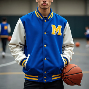 Veste universitaire pour homme 100% laine de haute qualité, col rond, coupe-vent, respirante, logo personnalisé sur le devant, couleur personnalisée, doublure en polyester - Product Image 1