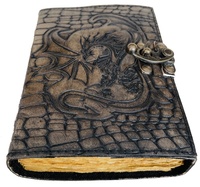 Patrón de piel de cocodrilo de Dragón Volador en relieve carbón cuero genuino Vintage hecho a mano latón C-Lock Deckle papeles de arte libro de notas