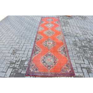 Turkish <b>Runner</b> Rug 3.1x10.2 ft, <b>Red</b> Blue Floral Rug Wool - Product Image 1
