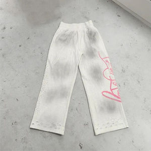 กางเกงจ็อกเกอร์ทรงหลวมขาบานสไตล์วินเทจ ผ้าฝรั่งเศสเทอร์รี่คอตตอนคุณภาพสูง ล้างสีแบบแอซิด แต่งคริสตัล ดีไซน์ขาดๆ - Product Image 1