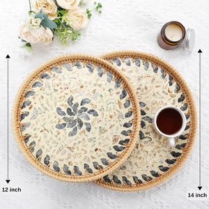 Plateau de service en rotin de qualité supérieure avec incrustation de nacre-plateau en osier rond pour décor de table basse et usage décoratif Boho - Product Image 3