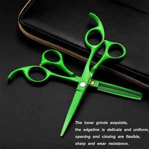 Juego de tijeras de corte de pelo de construcción Premium, tijeras de adelgazamiento con revestimiento verde, tijeras de peluquería afiladas de acero, estuche de cuero - Product Image 6