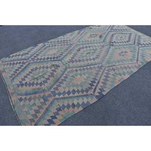 Tapis Kilim turc vintage 5.2 X 9.9ft bleu vert Patchwork Design laine Latex support tissage plat pour salon décor nouveau Type - Product Image 2