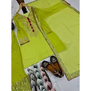 ชุดชาราร่าปักลายหนักสไตล์โมเดิร์นสำหรับผู้หญิง ผ้าจอร์เจตต์เทียม พร้อมกางเกงชาราร่าทรงปาลาซโซ และผ้าคลุมไหล่แฟนซี สำหรับงานเทศกาลและงานปาร์ตี้ - Product Image 5