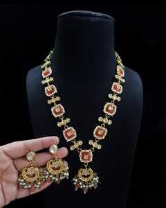 Ensemble de colliers longs ethniques Kundan pour femmes du fabricant indien, boucles d'oreilles tombantes, ensemble de bijoux de mode pour mariage - Product Image 5