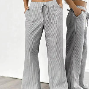 Pantalon décontracté en toile unie pour femme avec poches obliques, devant plat, taille haute, ample, cordon de serrage, grande taille, été - Product Image 2