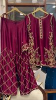 Ensemble Plazzo Kurti rouge en soie crêpe de créateur indien pakistanais Collection prête à l'emploi pour femmes Vêtements de mariage de fête ethnique Duptta lourds