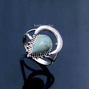High Quality Handmade 925 Sterling Silver Women's Bohemian Style Wedding <b>Statement</b> <b>Ring</b> Pear Cut Larimar Gemstone Bezel Set - Product Image 1