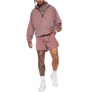 High Quality Oversized <b>Pocket</b> Long Sleeve Half <b>Zip</b> Sweatshirt Nylon Brown Polyester <b>Man</b> Tracksuit <b>Shorts</b> Set - Product Image 3