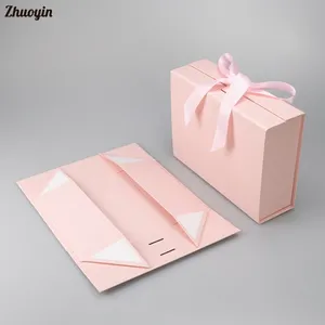 粉色定制可折叠硬纸板丝带手柄磁性盖纸盒包装运输纸箱礼品纸盒