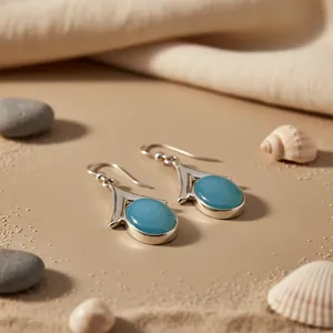 925 <b>Silver</b> Rhodium Plated <b>Earrings</b> with Blue Chalcedony Bezel Setting Religious Style Anniversary Gift Jewelry for Women - Product Image 3