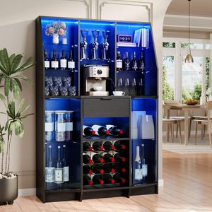 Mueble Bar Grande Negro para el Hogar con Luces LED y Estante para Vinos, Aparador Alto para Cafetera y Almacenamiento para Comedor - Product Image 6