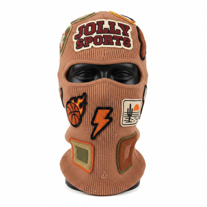 Balaclava en tricot d'hiver pour femmes, doux, extensible, en acrylique et coton, 240 GSM, appliqué marron, logo brodé personnalisé - Product Image 1