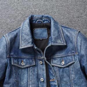 Veste de moto en cuir pour homme Bleu clair Ami Kaki Rétro Graphite Veste en cuir véritable en denim vieilli Veste courte slim - Product Image 5