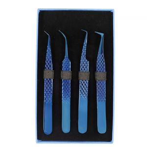 Ensemble de 4 pinces à épiler pour Extensions de cils à poignée en diamant-fourniture de cils en acier japonais (bleu) emballage de couleur avec LOGO en acier inoxydable - Product Image 6