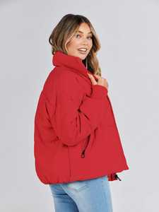 Veste bomber d'hiver rembourrée rouge pour femmes, veste chaude à bouton unique, vêtement d'extérieur épais en denim, veste à capuche confortable, décontractée, courte, respirante - Product Image 3