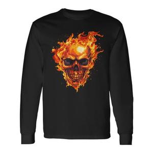 T-shirt à manches longues Flaming Skull, unisexe adulte, col rond, impression numérique, activités promotionnelles, design de costume d'horreur pour Halloween - Product Image 1