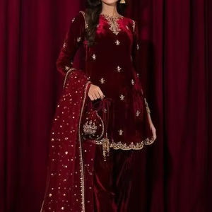 2024 New Dazzling Velvet Kurta Pant <b>Dress</b> Beautiful Hand Zardozi Embroidery Lace Decorated Natural for Parties Weddings - Product Image 1