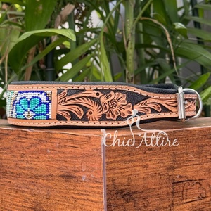 Exclusive Durable Heavy Duty Beaded Dog Collar Hand Tooled Genuine Leather Metal Buckle Adjustable <b>Padded</b> Pet Collar Accessories - Product Image 1