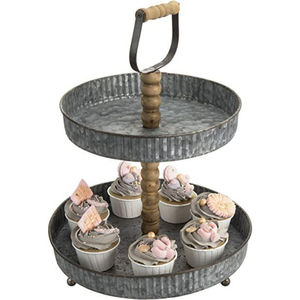 Wholesale Farmhouse Galvanized Metal Round Cake Stand With Distressed Wood Pedestal Base Vintage <b>Tin</b> Serving <b>Tray</b> For Home Decor - Product Image 2