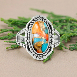 Nouvelle arrivée, bague en turquoise cuivre de coquille d'huître épineuse, argent sterling 925, bijoux bohèmes navajo, pierre précieuse faite à la main, fiançailles, mariages - Product Image 1