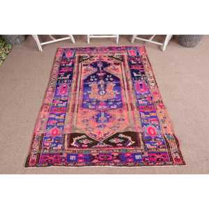 Alfombra Vintage, Alfombra Turca de 4.6x7 pies, Alfombra de Lana con Rayas Rosas - Product Image 1