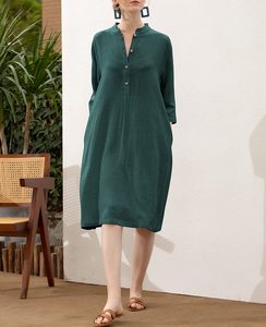 100% Cotton Solid Color Clothing for Women V-Neck Fashion <b>Three</b> Quarter Sleeve Dress - Product Image 3