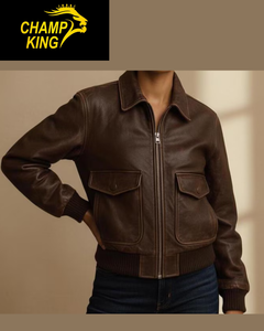 Veste de motard en cuir d'agneau brun foncé pour femme, veste bomber de style aviateur vintage - Product Image 2