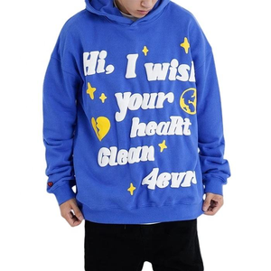 Sweat à capuche oversize bleu pour homme, en coton molletonné, motif cœur et étoile imprimé, logo frontal, vêtement d'automne, sweat à capuche vierge décontracté OEM - Product Image 1