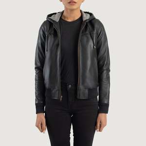 Chaqueta Bomber de Piel de Oveja Rebella, Negra, con Capucha, Resistente al Viento - Product Image 1
