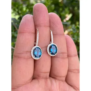 Boucles d'oreilles pendantes en argent 925 avec topaze bleue de Londres, motif goutte d'eau, cadeau religieux, ornées d'émeraudes, de perles, de diamants et de turquoises - Product Image 3
