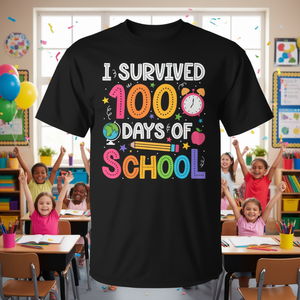 T-shirt pour les élèves et les enseignants de l'école, pour célébrer les 100 jours d'école avec un motif « J'ai survécu » - Product Image 3