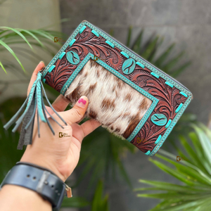 Bolso de mano de cuero de moda occidental con estilo, Cartera de piel de vaca Vintage, cremallera, tallado a mano, funda de teléfono multifuncional - Product Image 1