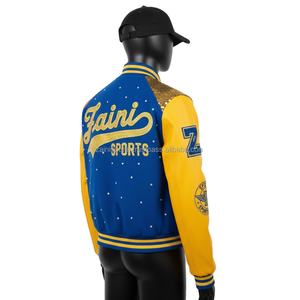 Chaqueta Universitaria para Mujer, Diseño de Paneles Azul y Amarillo, Mangas con Bordado Chenille Personalizado, Logotipo con Pedrería - Product Image 5