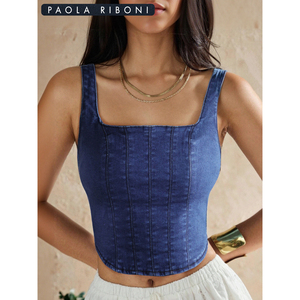 Paola Riboni Camiseta sin mangas de mezclilla para mujer, cuello cuadrado, sin mangas, informal de verano, elástica, color liso, lavada - Product Image 5