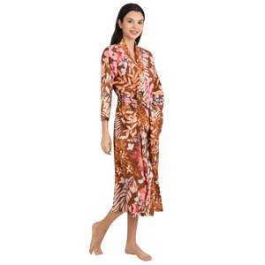 Boho-Kimono Style Casual Homewear Hand-Printed Indian Leaf-Flower Pattern Soft Cotton Woven Button Closure - Product Image 4