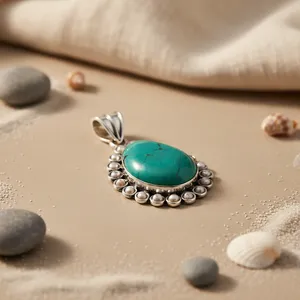 Pendentif vintage en argent 925 avec turquoise et perles d'eau douce, serti clos, charme solitaire, unisexe, pour usage quotidien - Product Image 1