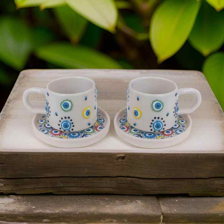İlbay Ceramic Mug Cup with 2 Plates Classic Colorful Evil Eye