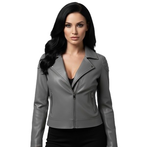 Veste de moto en cuir gris avec logo brodé personnalisé, vente en gros en vrac, prix d'usine, style motard authentique, mode féminine - Product Image 1
