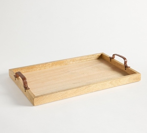 Plateau de service en bois naturel avec poignées en cuir, rectangulaire, écologique, plateau en bois pour le petit-déjeuner, table basse, décoration de la maison - Product Image 1