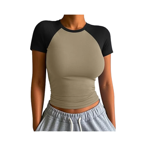 Womens Short Sleeve Cropped <b>Tops</b> Slim Fit Stretchy Color Block Slightly Shirts Fashion Clothes - Product Image 1