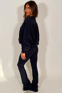 Wholesale Premium Navy <b>Women</b> Plus Size Casual Solid <b>2</b>-<b>Piece</b> Zip Bell Bottom Breathable Polyester/Cotton Fleece Tracksuit <b>Set</b> - Product Image 5