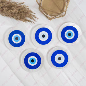Precio de Fábrica, Calidad AAA, Placa Redonda de Cristal de Selenita de 3 Pulgadas con Ojo Turco para Meditación y Limpieza Energética, Anshul Impex - Product Image 1