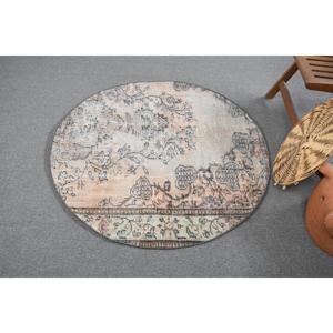 Tapis turc traditionnel rond de 4x4 pieds, écologique, en laine, beige, patchwork, avec support en latex, tapis abstrait - Product Image 4