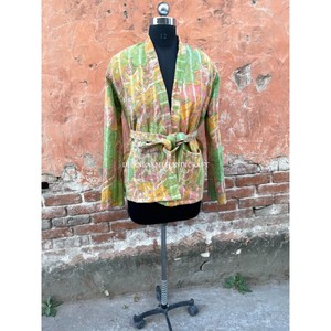แจ็กเก็ตผ้าฝ้ายพิมพ์ลายแบบโบฮีเมียน,เสื้อแจ็กเก็ต Kantha พร้อมเข็มขัดแนวโบฮีเมียนเสื้อแจ็คเก็ตผ้าควิลท์เปิดด้านหน้า - Product Image 5