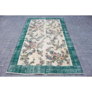 Tapis turc vintage 4,8x7,9 pieds, tapis en laine abstrait vert et blanc - Product Image 1