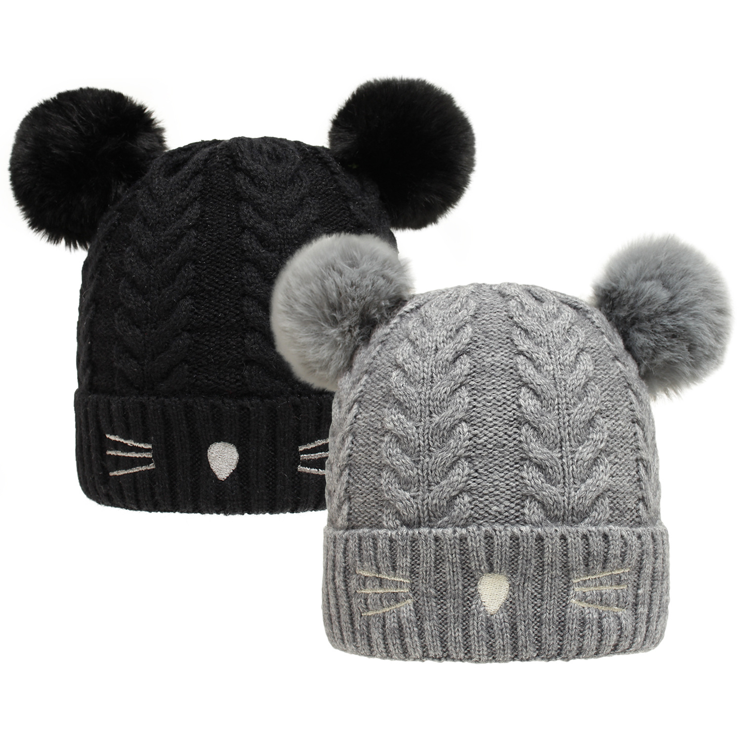 Новая Европейская и американская детская шапка с двойным шариком и вышивкой из мультфильма теплая шерстяная шапка с защитой ушей для детей от 6 месяцев до 4 лет