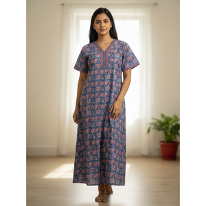 Vestido de Dormir 100% Algodón con Estampado Jaal Hecho a Mano, Camisón Suave Tejido con Diseño Floral y Cierre de Botones, Talla 3XL para Damas de Honor - Product Image 1