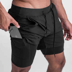 2 capas de malla de cintura alta de poliéster corto Spandex cremalleras múltiples bolsillos de doble capa para correr baloncesto gimnasio pantalones cortos deportivos para hombres - Product Image 4