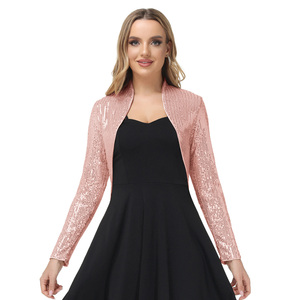 OEM mujeres Vintage manga larga frente abierto con volantes dobladillo fiesta lentejuelas Tops Bolero encogimiento <span class=keywords><strong>de</strong></span> hombros para las mujeres - Product Image 4